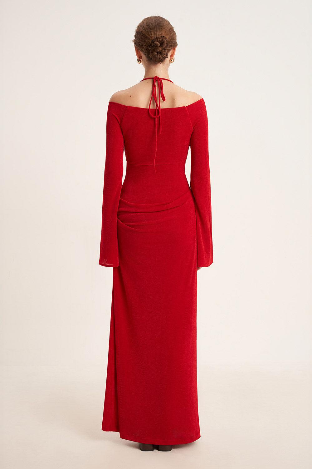 Mirer - Cassia A Line Halter Neck Elastic Cotton Floor Length Dress-4