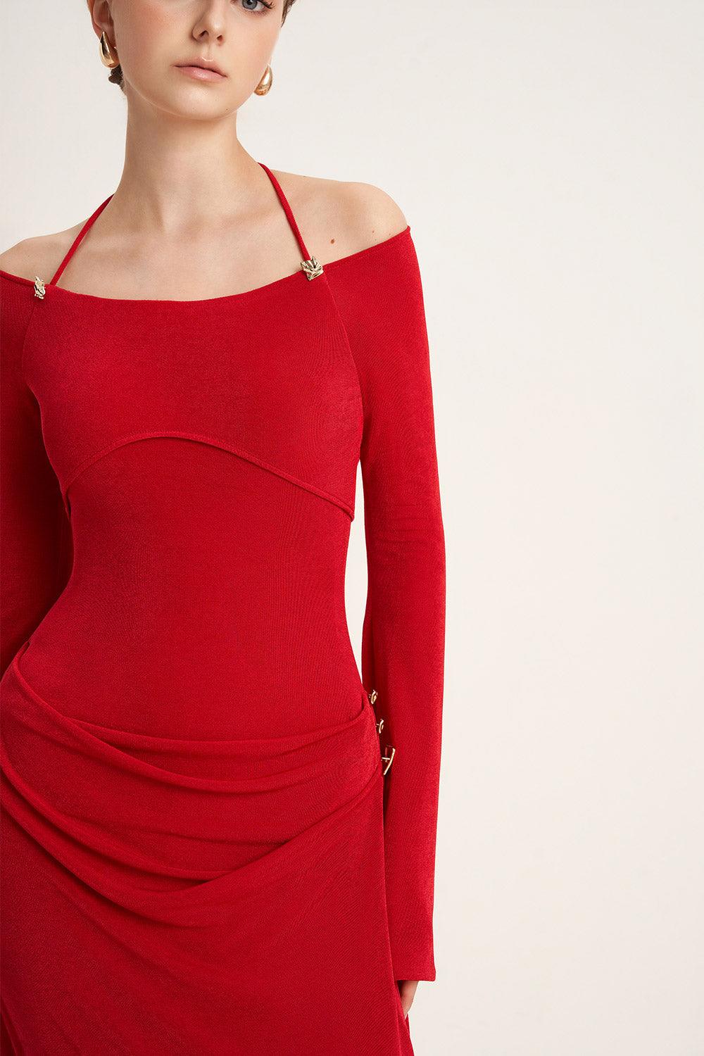 Mirer - Cassia A Line Halter Neck Elastic Cotton Floor Length Dress-5