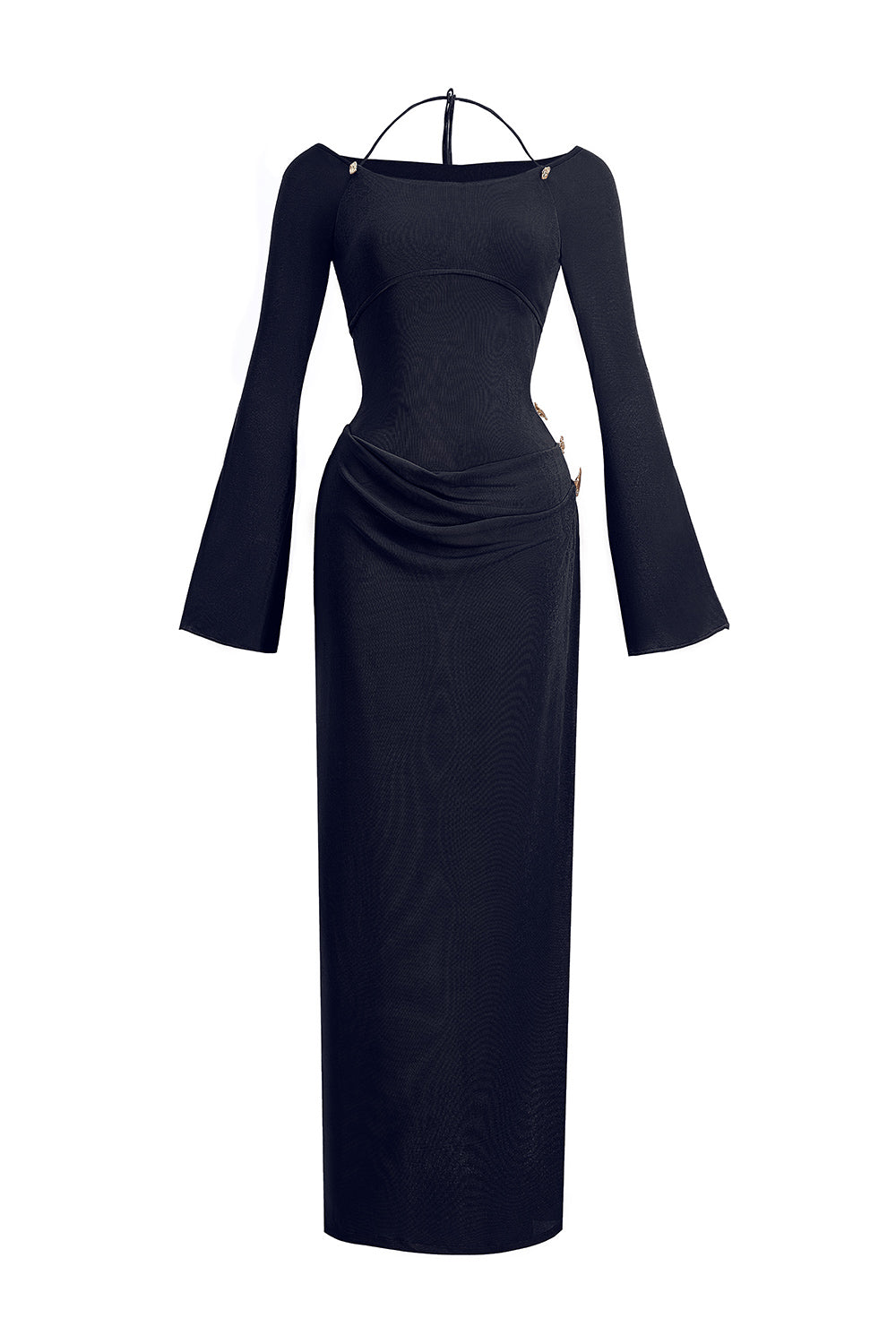 Mirer - Cassia A Line Halter Neck Elastic Cotton Floor Length Dress-7