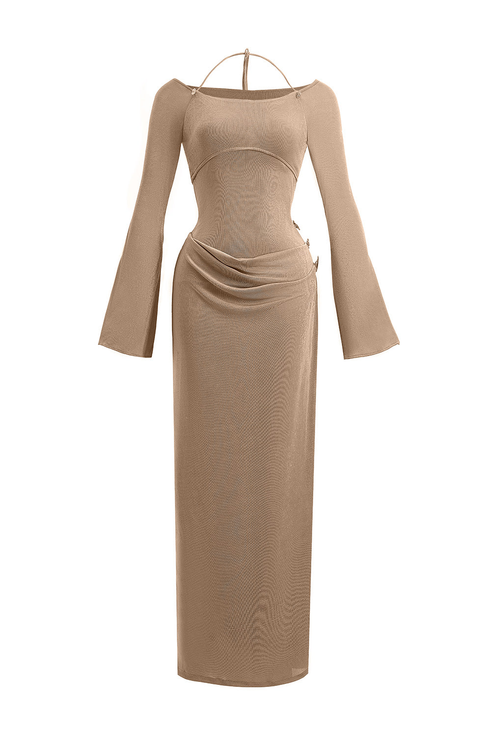 Mirer - Cassia A Line Halter Neck Elastic Cotton Floor Length Dress-8