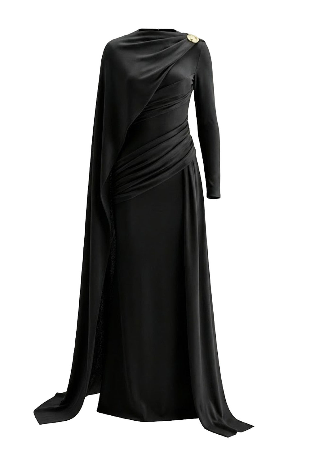 Mirer - Cindra Asymmetric Sleeve Gathering Maxi Dress-4