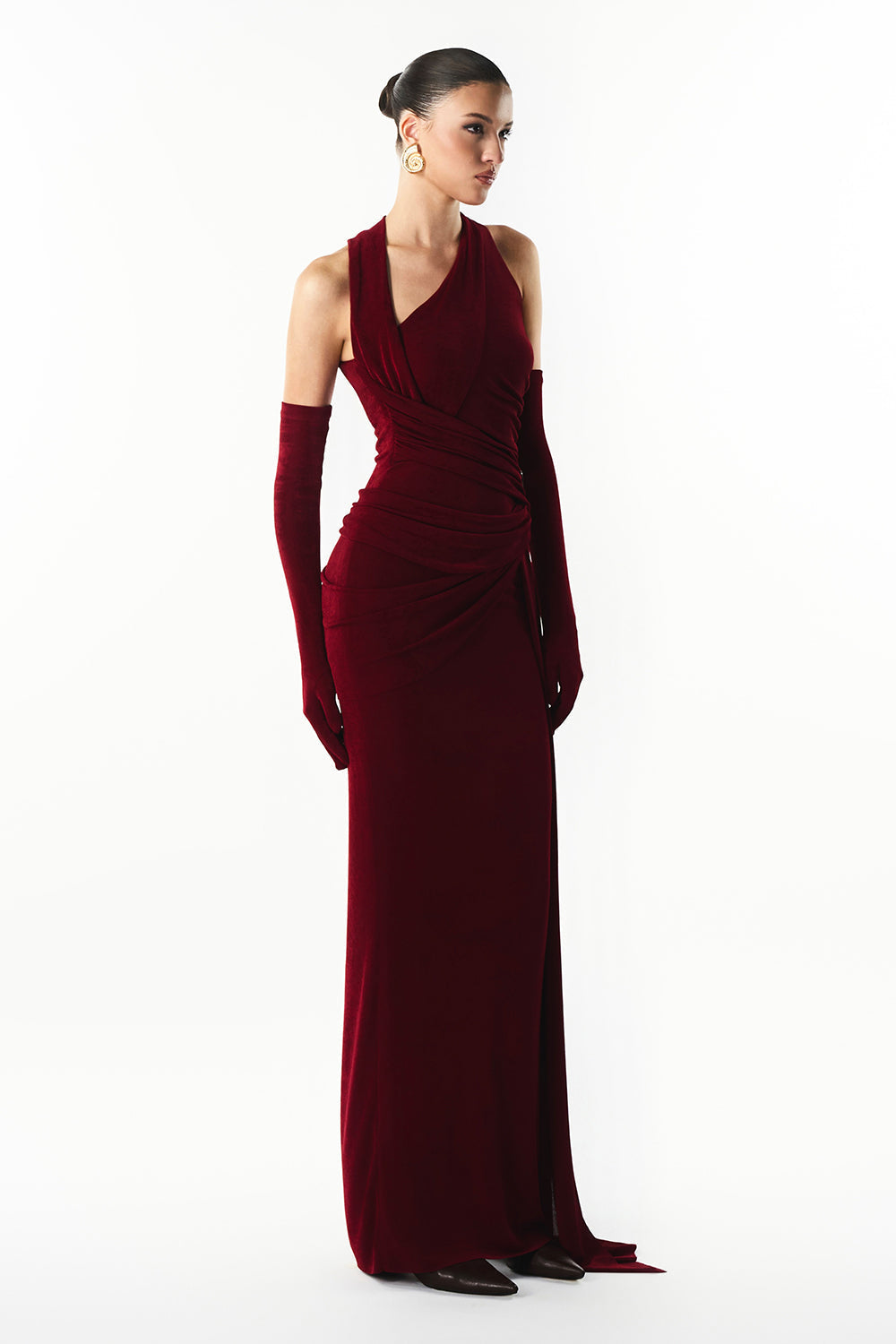 Mirer - Coraline Asymmertric Neck Gathering Maxi Dress-2