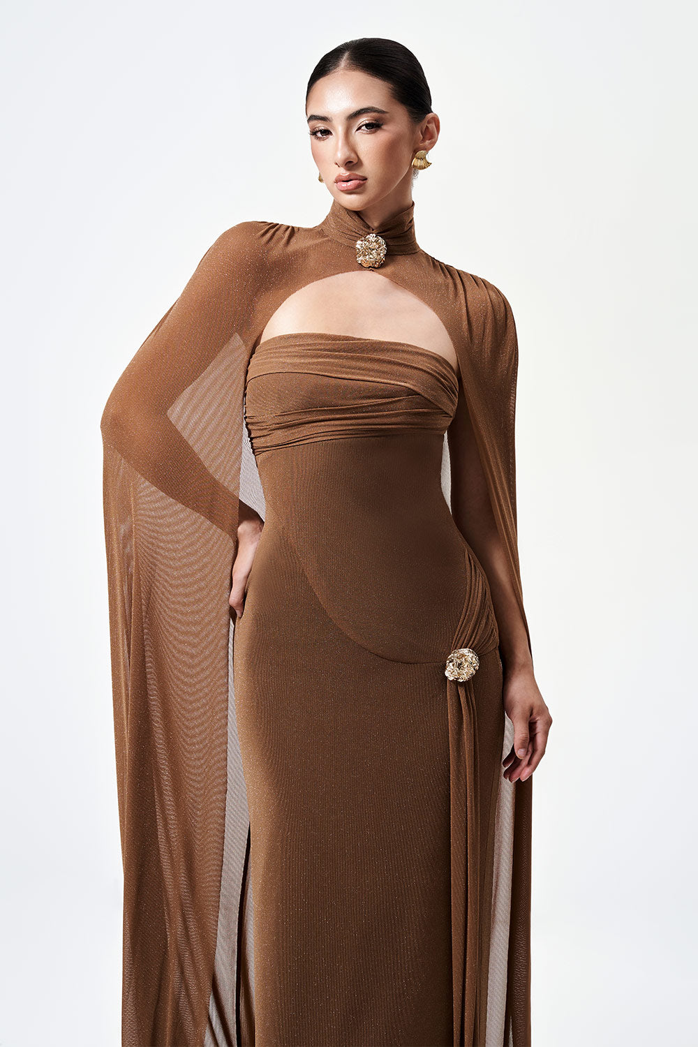 Mirer - Dunessia Cape High Neck Elastic Cotton Floor Length Cape-1