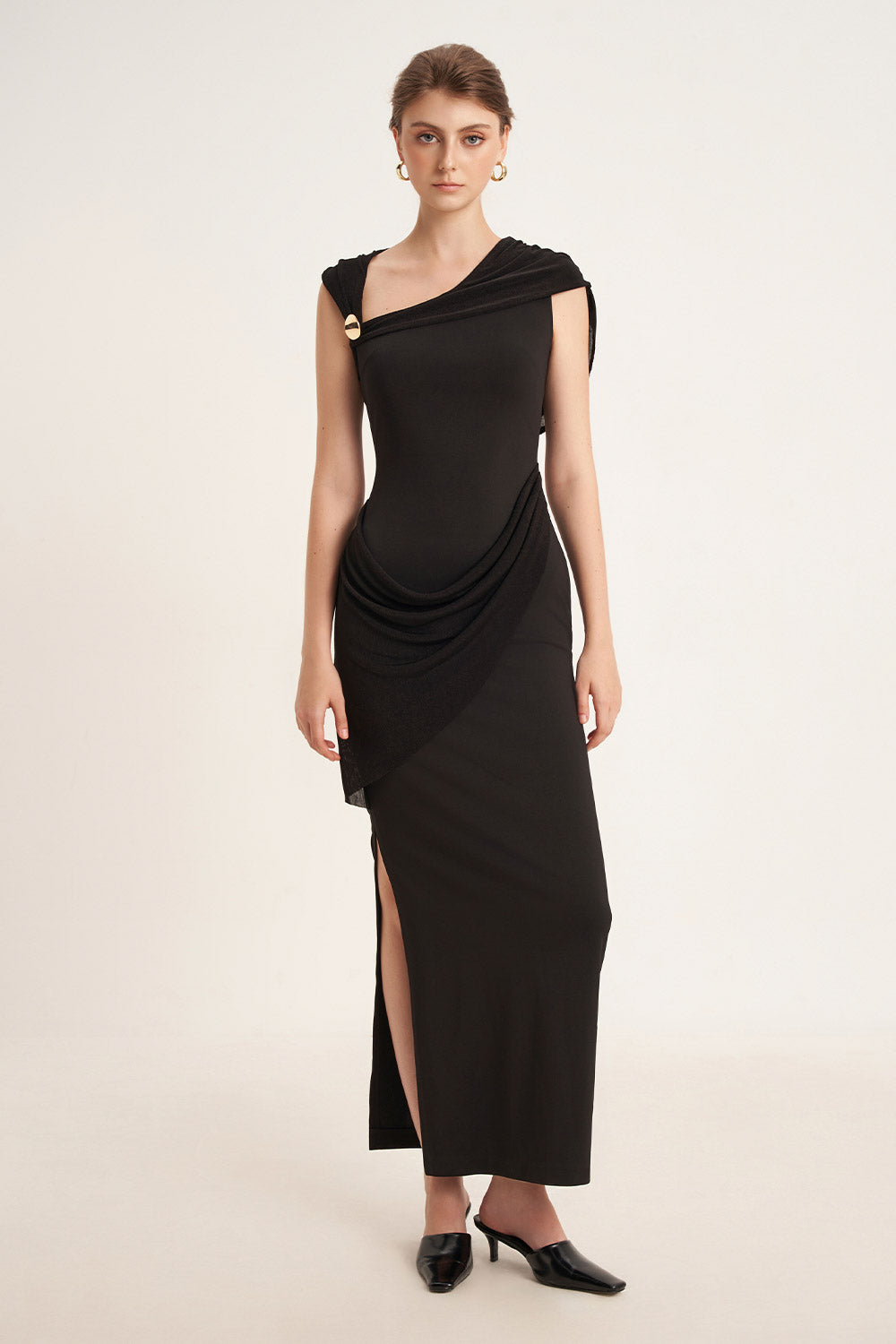 Mirer - Elderberry Sheath Asymmetric Neck Cotton Spandex Ankle Length Dress-2