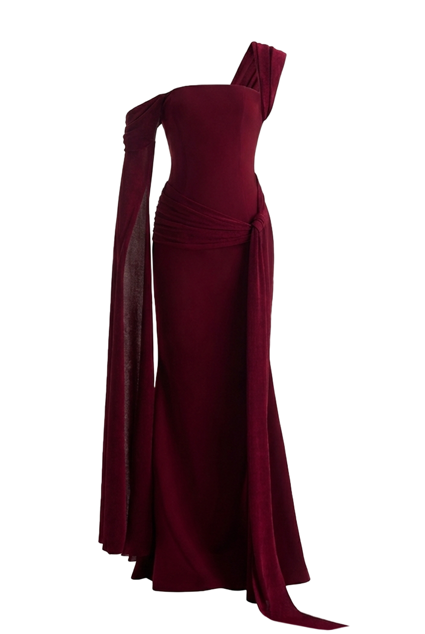 Mirer - Marvina Asymmetric Neck Draped Maxi Dress-1