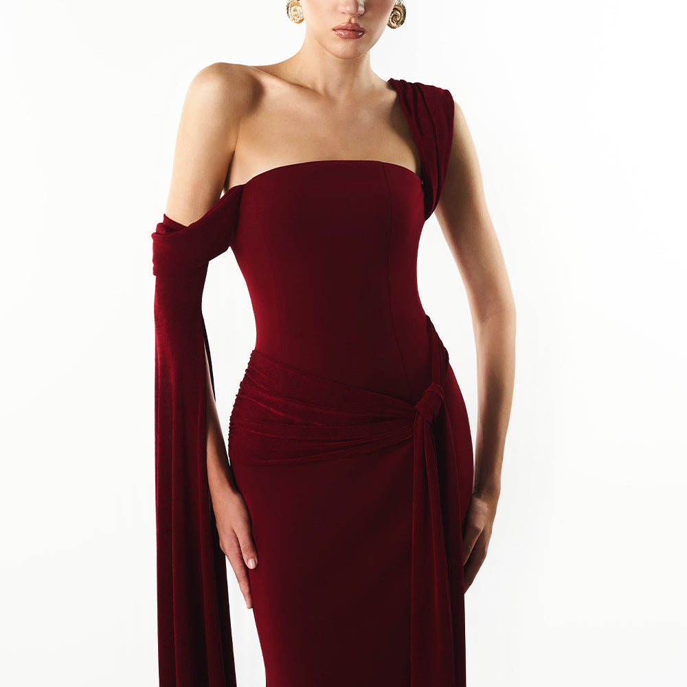 Mirer - Marvina Asymmetric Neck Draped Maxi Dress-2