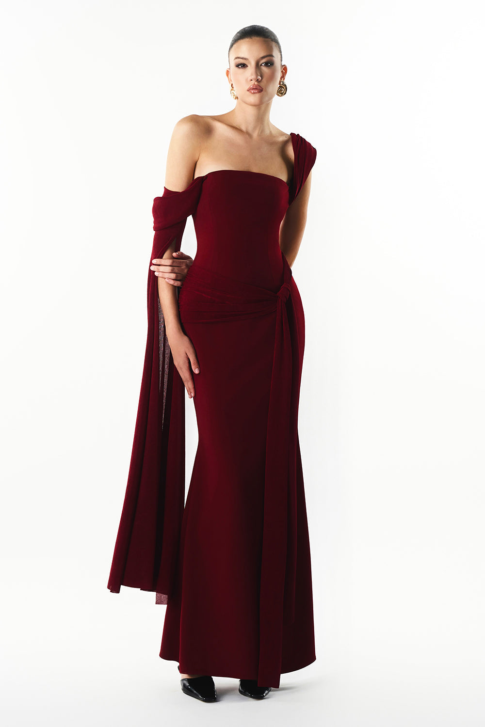 Mirer - Marvina Asymmetric Neck Draped Maxi Dress-0