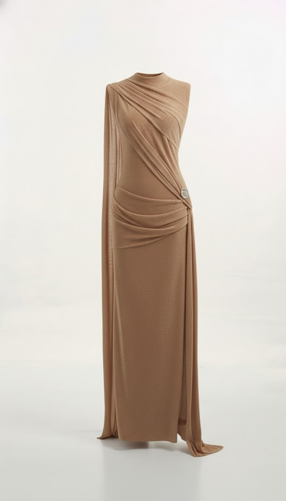 Mirer - Onyra Asymmetric Sleeve Metal Maxi Dress-6