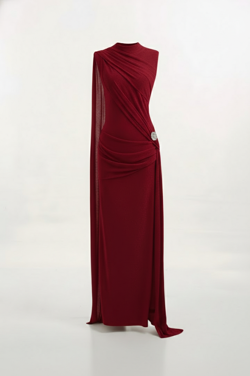 Mirer - Onyra Asymmetric Sleeve Metal Maxi Dress-8