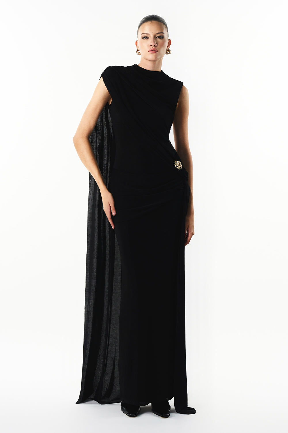 Mirer - Onyra Asymmetric Sleeve Metal Maxi Dress-0