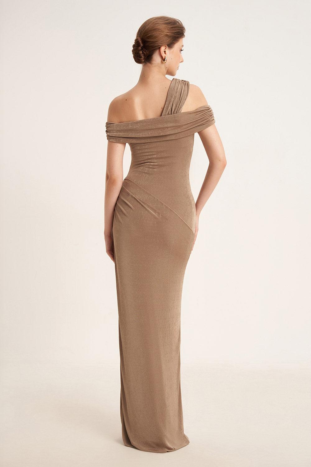 Mirer - Plumeria Sheath Cold Shoulder Sleeved Elastic Cotton Floor Length Dress-4