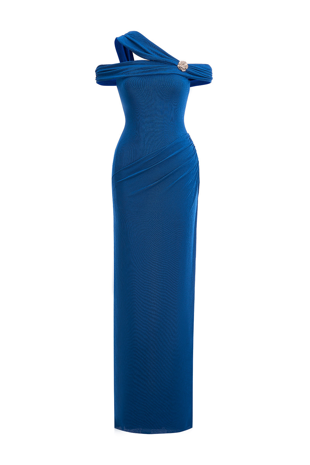Mirer - Plumeria Sheath Cold Shoulder Sleeved Elastic Cotton Floor Length Dress-6