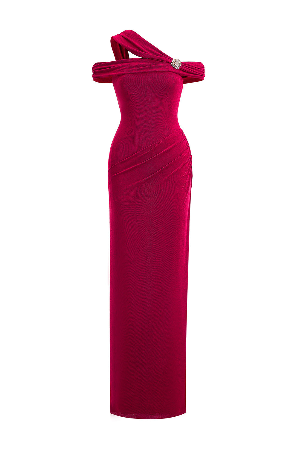 Mirer - Plumeria Sheath Cold Shoulder Sleeved Elastic Cotton Floor Length Dress-8