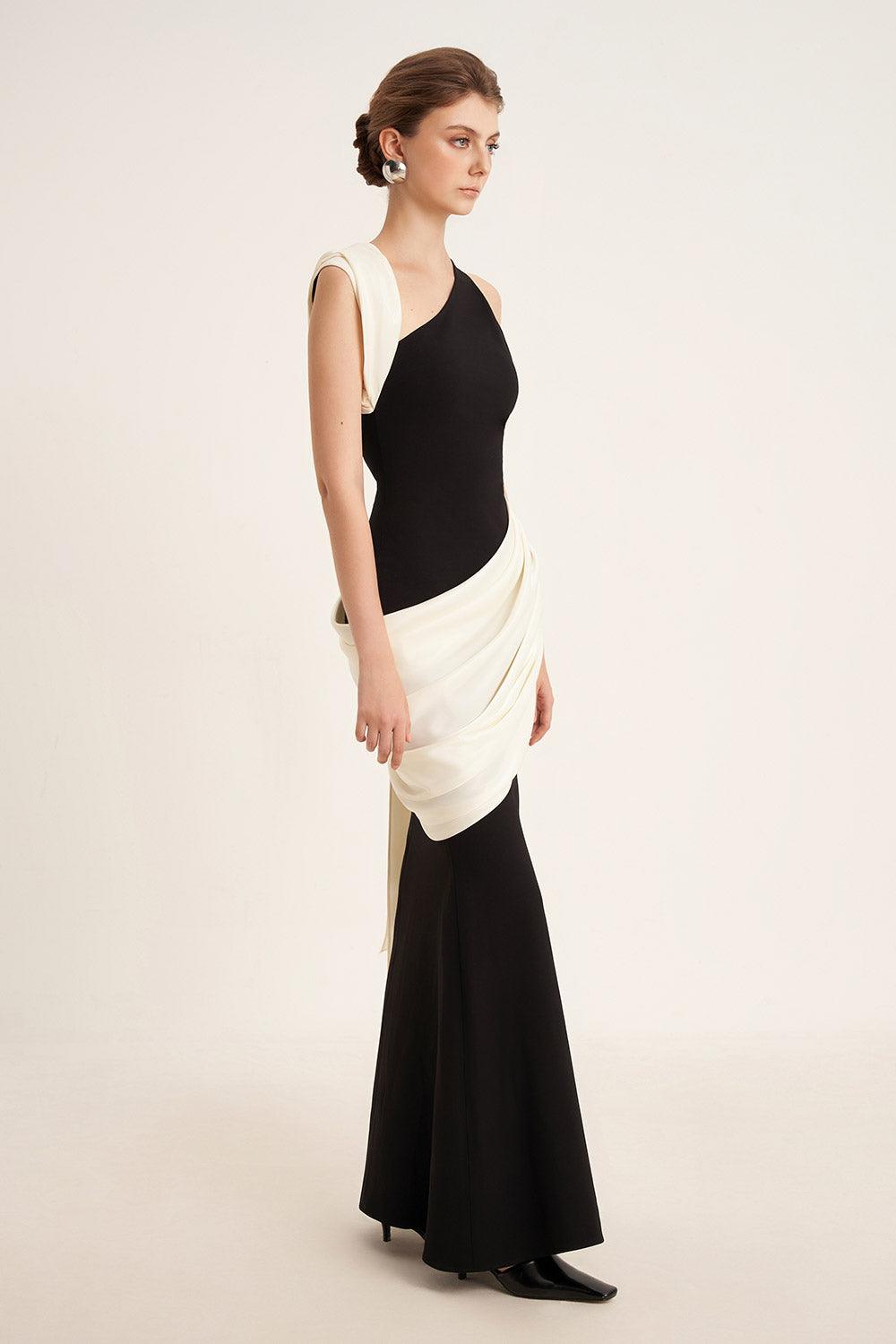 Mirer - Poppy Trumpet Asymmetric Neck Elastic Cotton Floor Length Dress-2