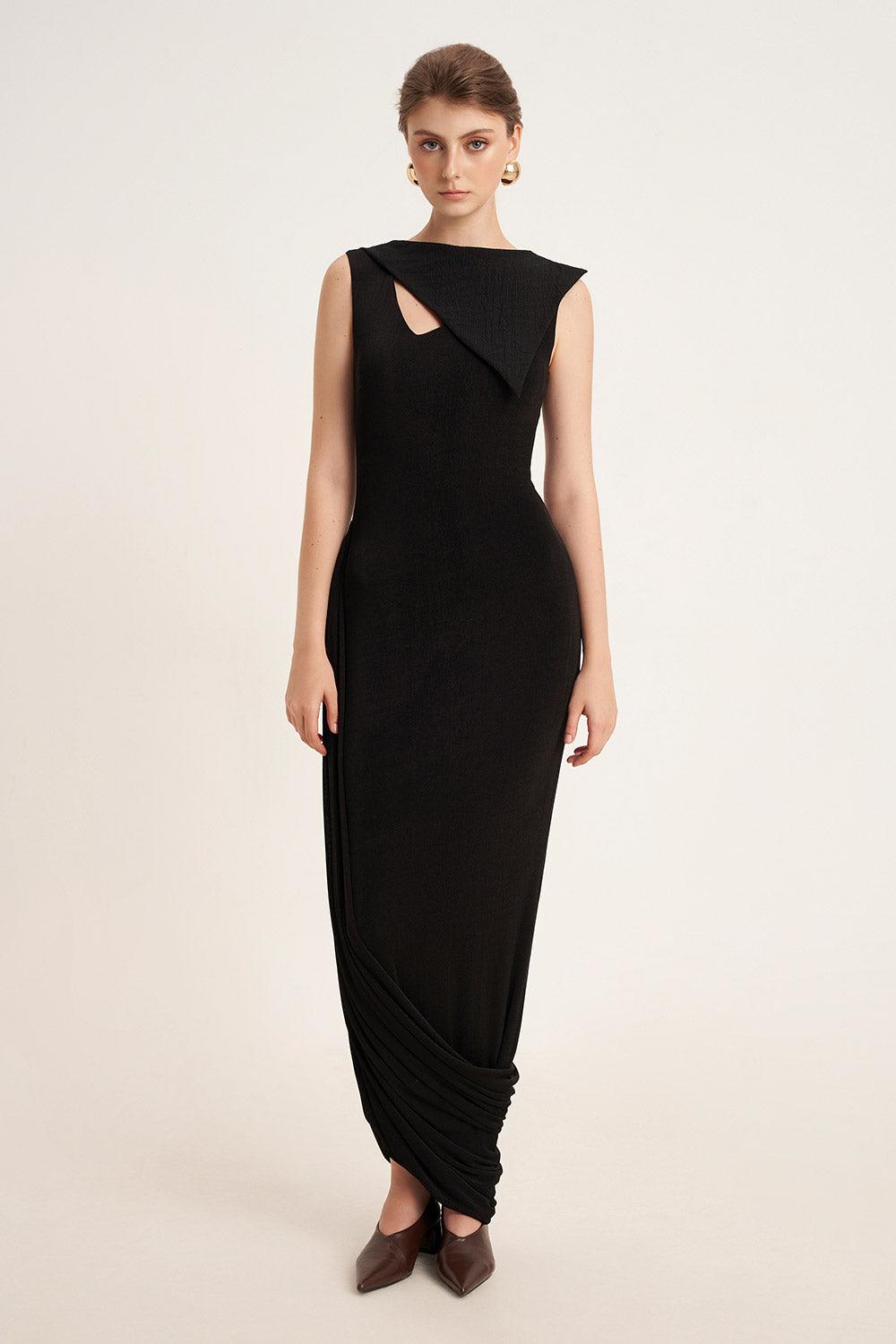 Mirer - Primrose Asymmetric Boat Neck Elastic Cotton Ankle Length Dress-2