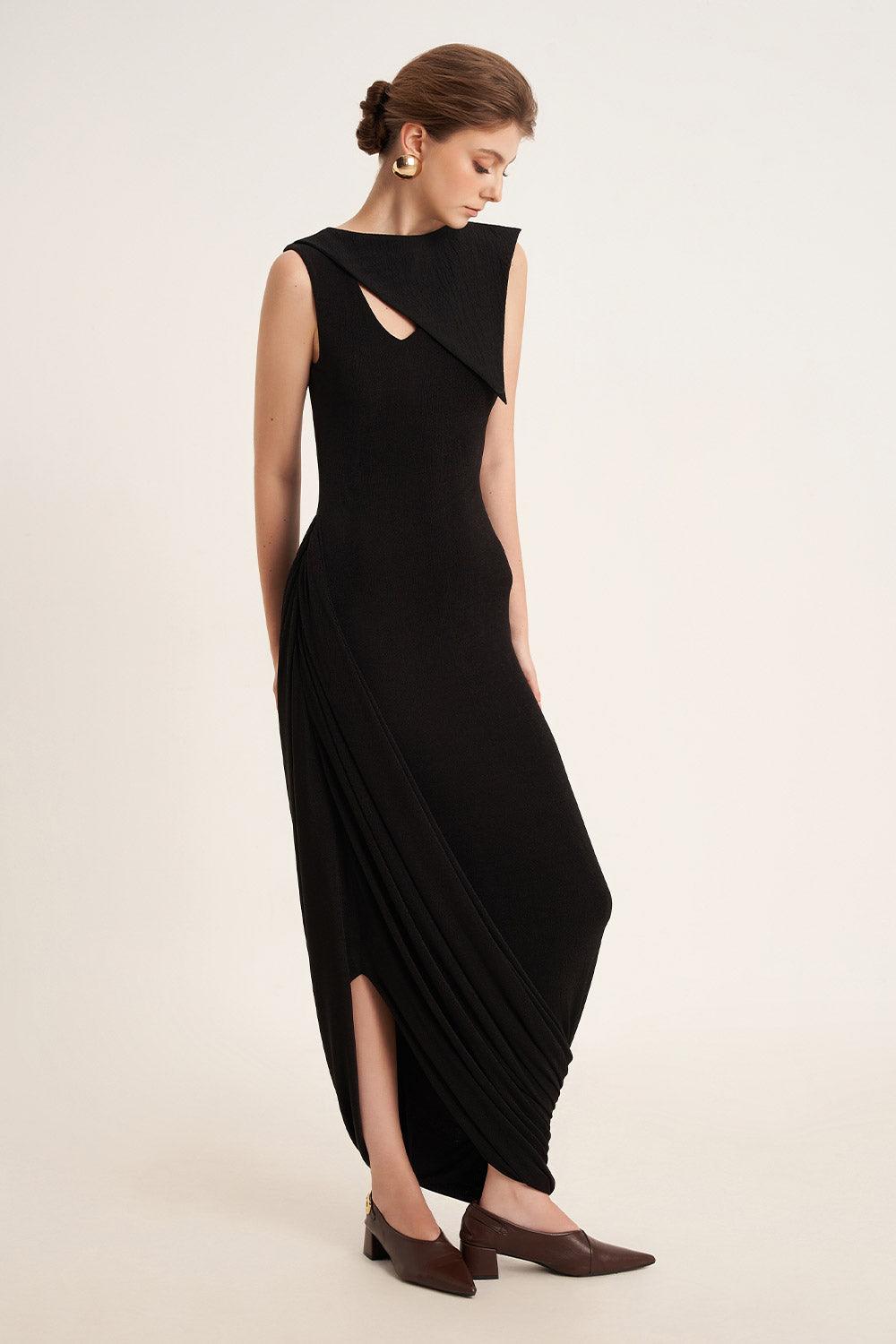 Mirer - Primrose Asymmetric Boat Neck Elastic Cotton Ankle Length Dress-3