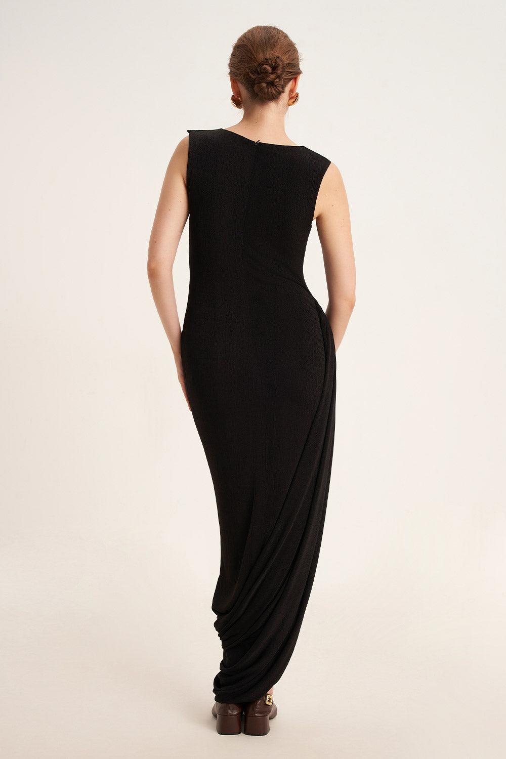 Mirer - Primrose Asymmetric Boat Neck Elastic Cotton Ankle Length Dress-4