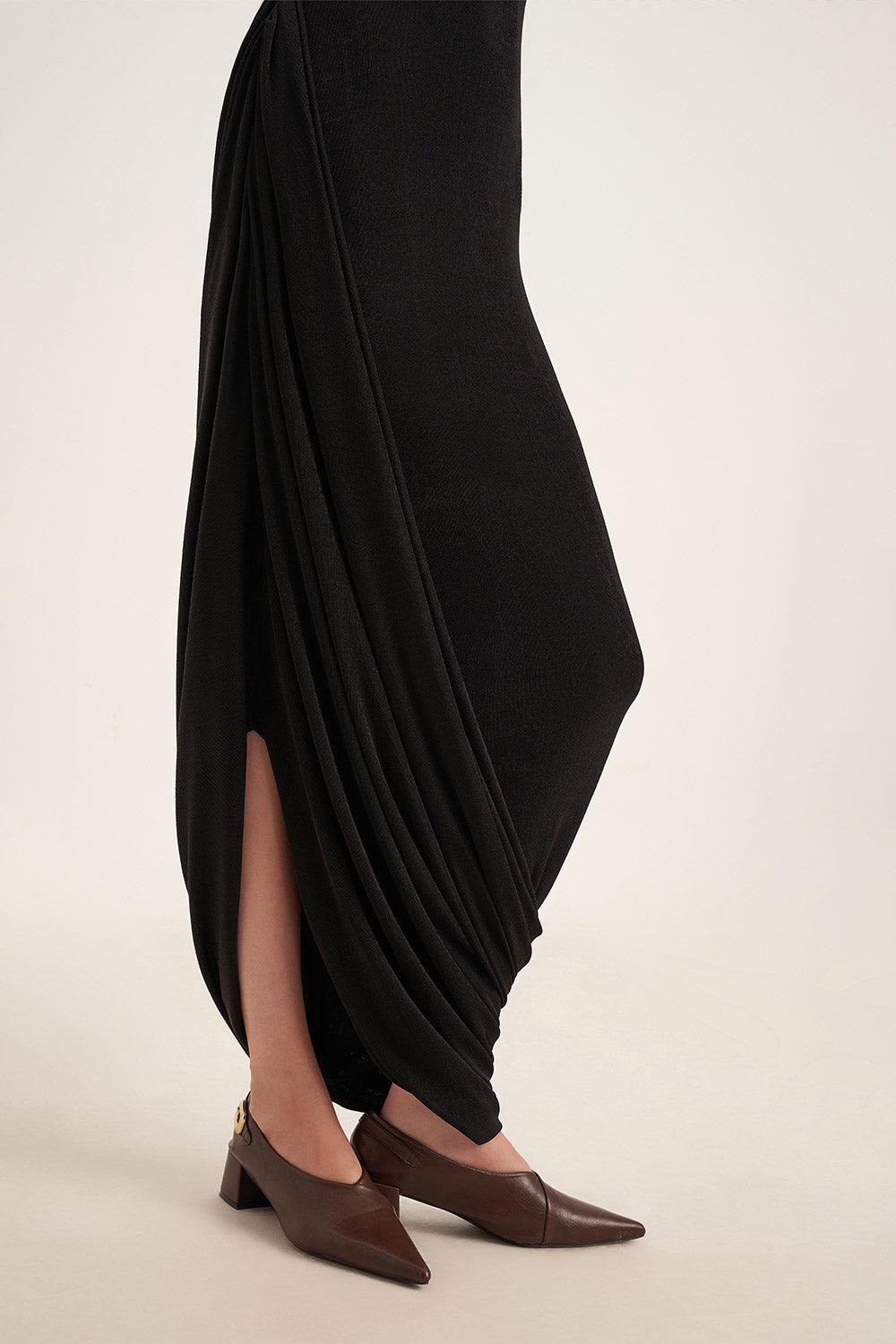 Mirer - Primrose Asymmetric Boat Neck Elastic Cotton Ankle Length Dress-6