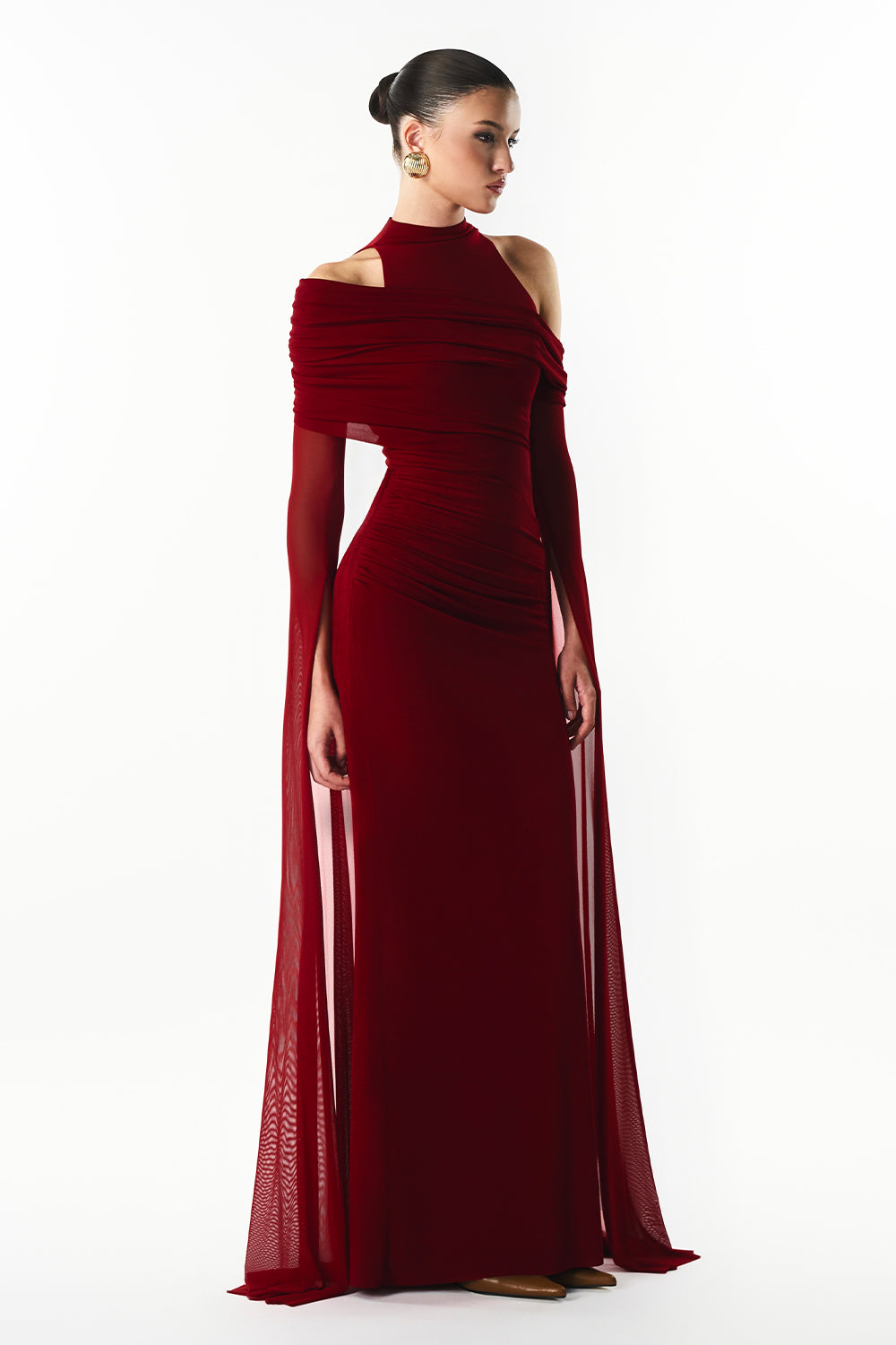 Mirer - Raviena High Neck Gathering Maxi Dress-3