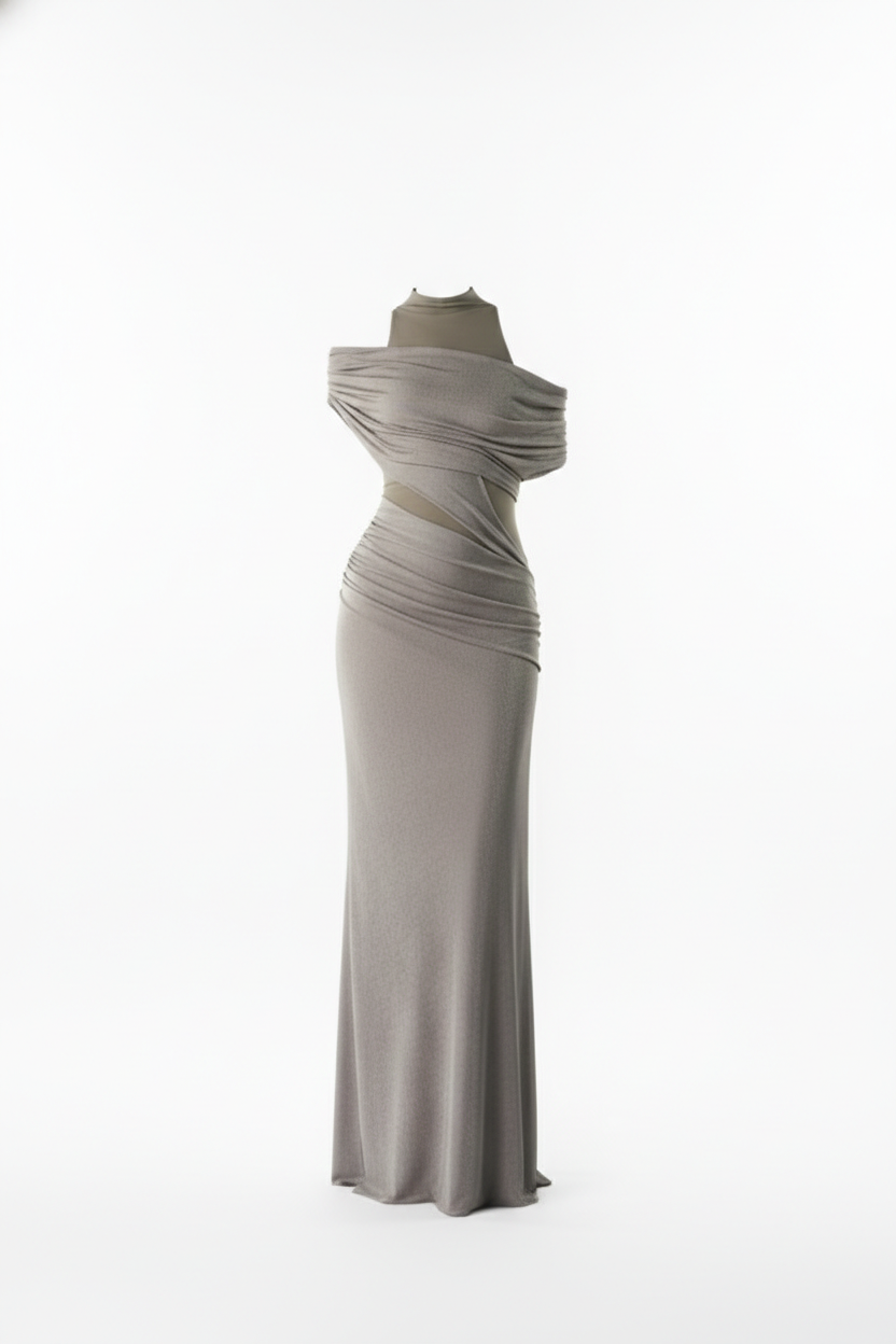 Mirer - Raviena High Neck Gathering Maxi Dress-5