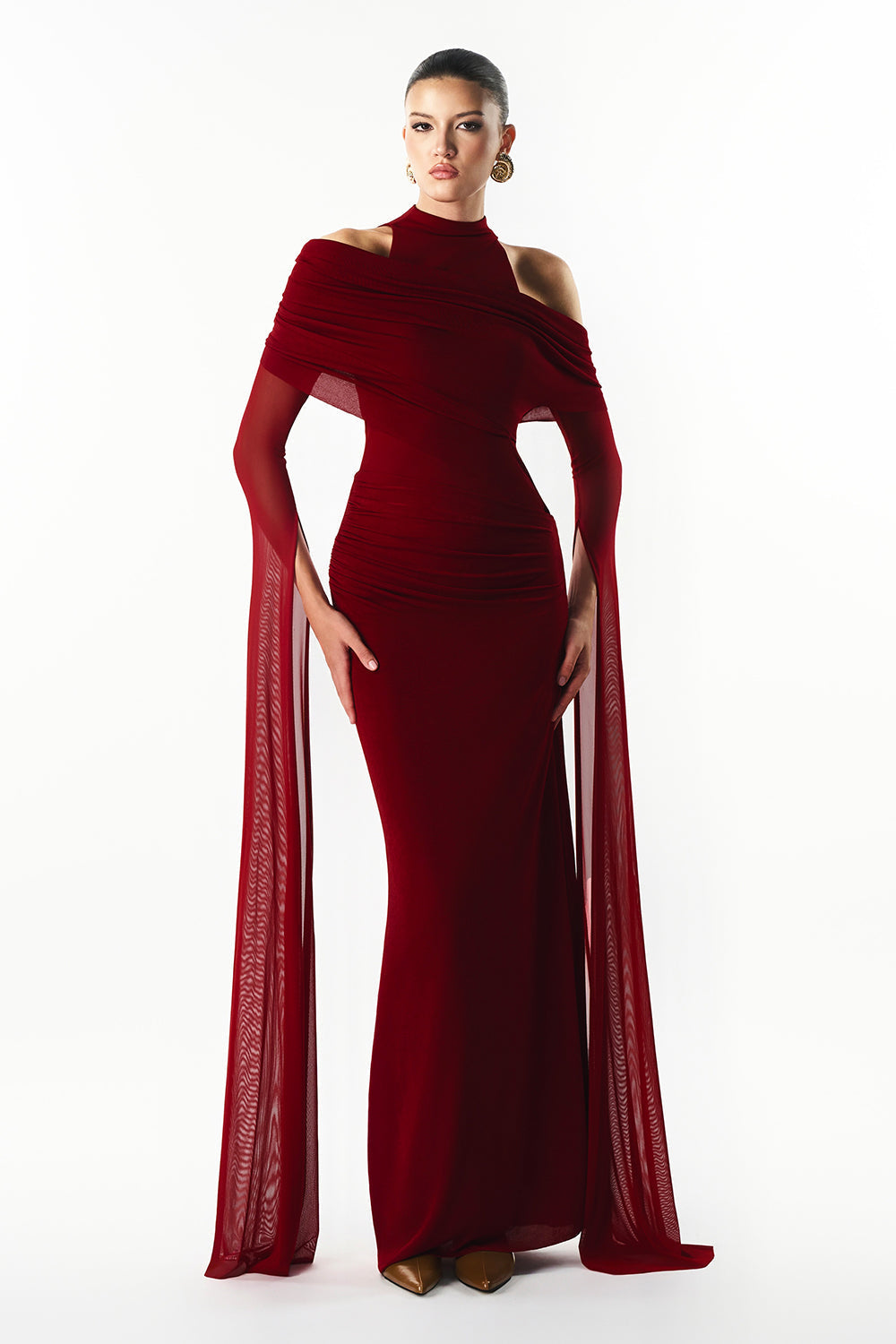 Mirer - Raviena High Neck Gathering Maxi Dress-0