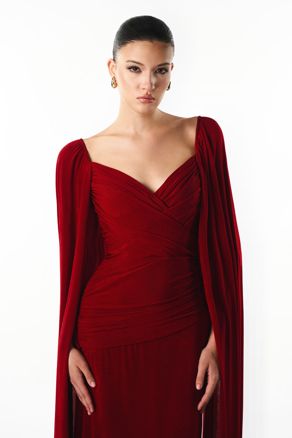 Mirer - Rosavine Cape Sleeve Draped Maxi Dress-1