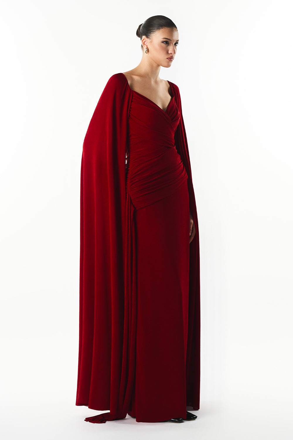 Mirer - Rosavine Cape Sleeve Draped Maxi Dress-3