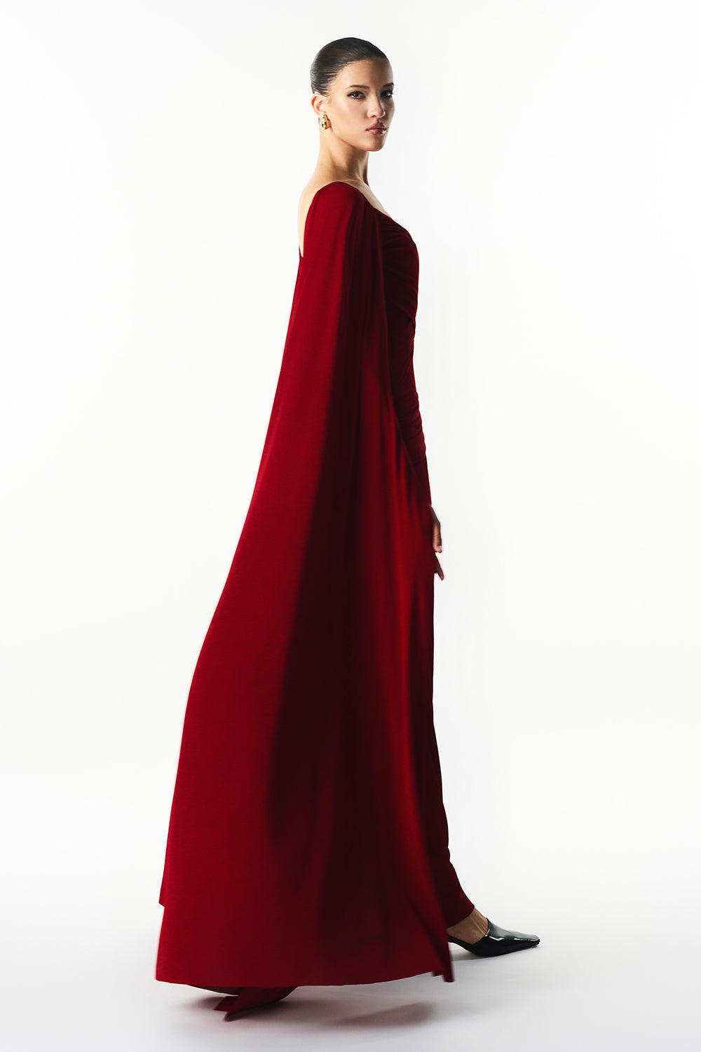 Mirer - Rosavine Cape Sleeve Draped Maxi Dress-4