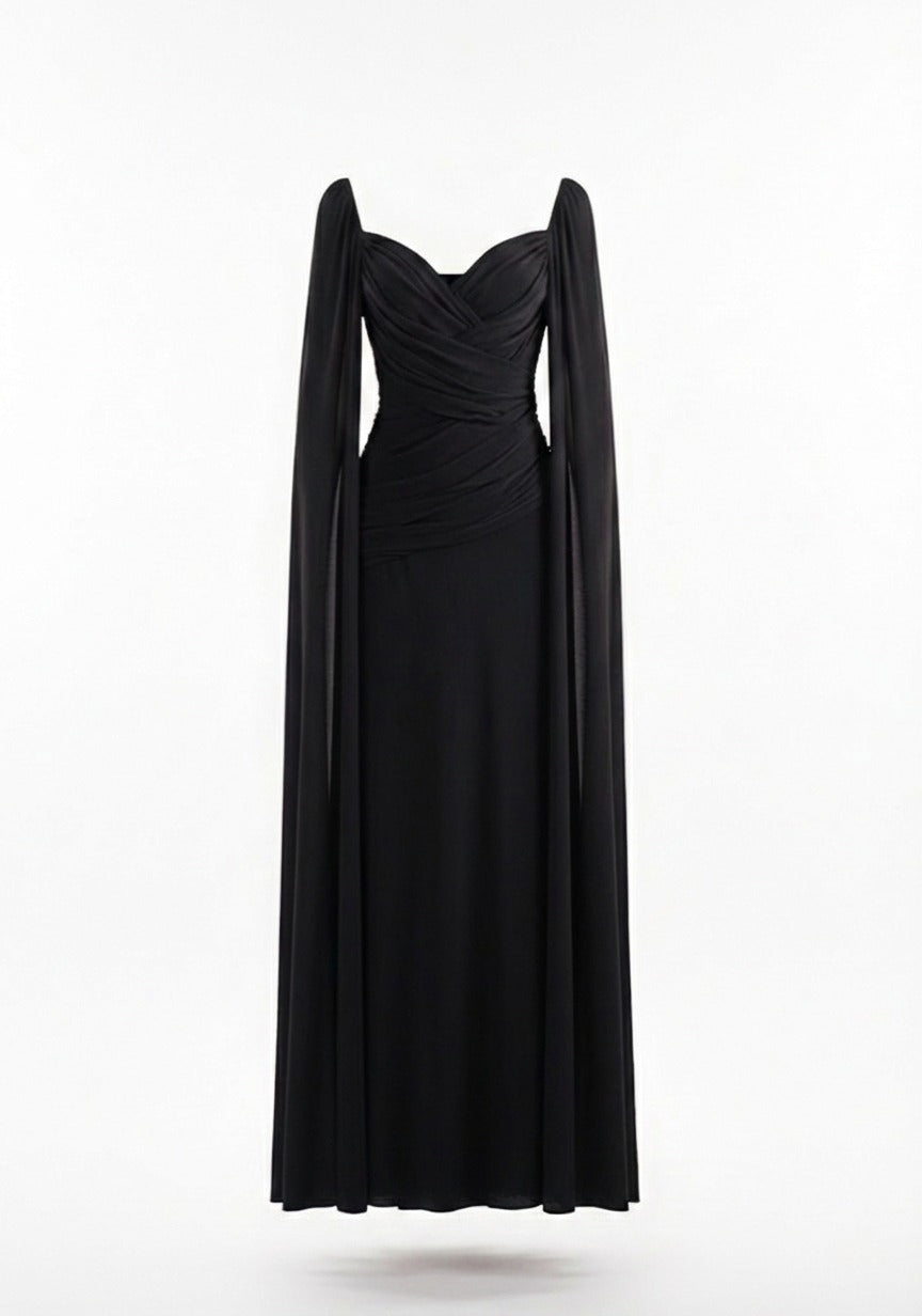 Mirer - Rosavine Cape Sleeve Draped Maxi Dress-6