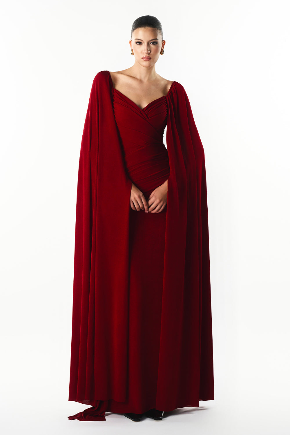 Mirer - Rosavine Cape Sleeve Draped Maxi Dress-0
