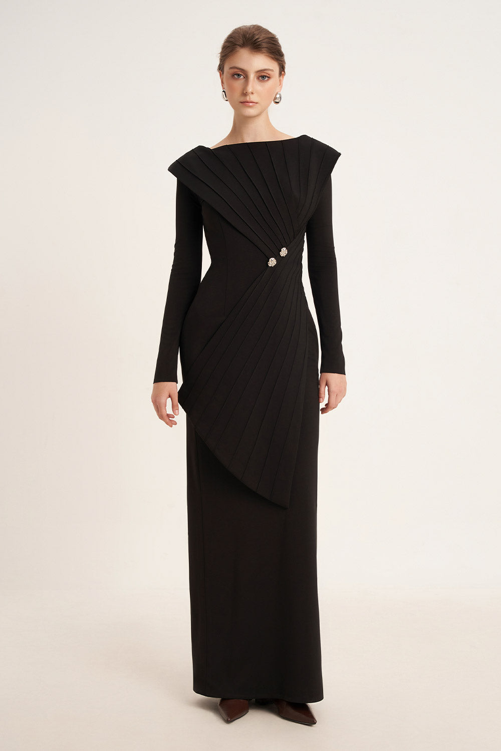 Mirer - Salvia Sheath Back Slit Cotton Floor Length Dress-2