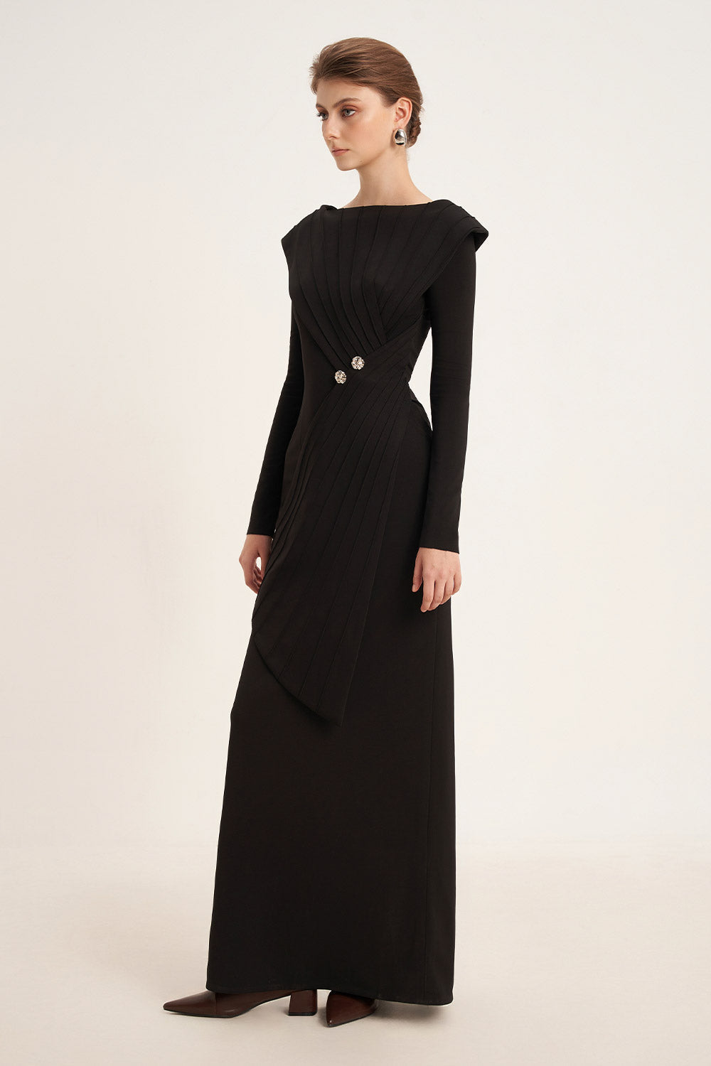 Mirer - Salvia Sheath Back Slit Cotton Floor Length Dress-4