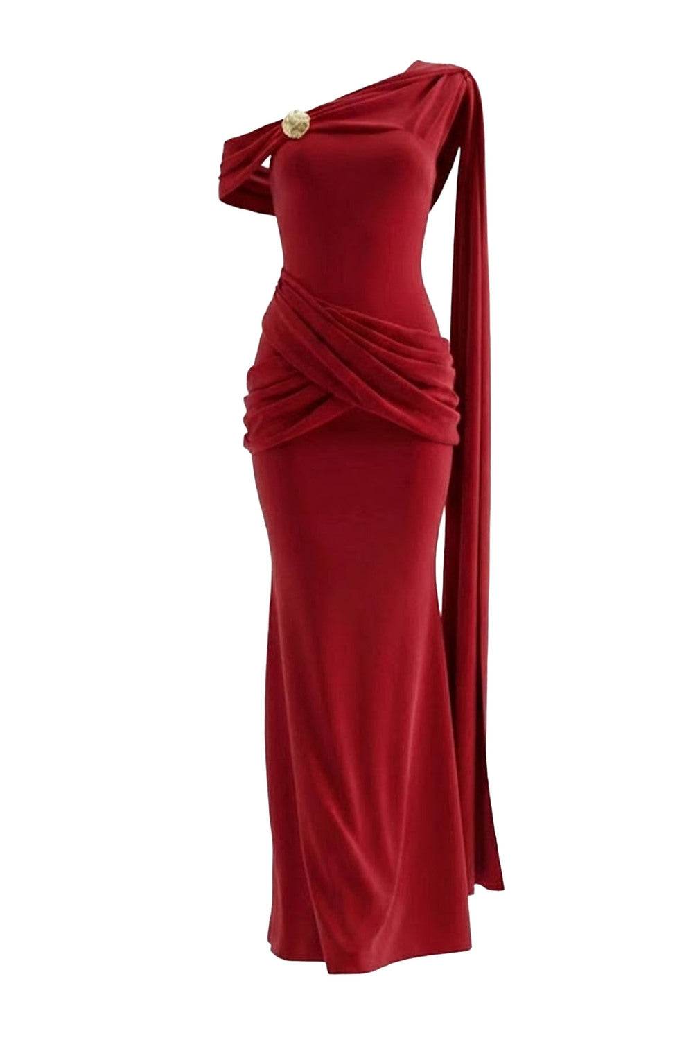 Mirer - Serapha Mermaid Asymmetric Neck Elastic Cotton Maxi Dress-4
