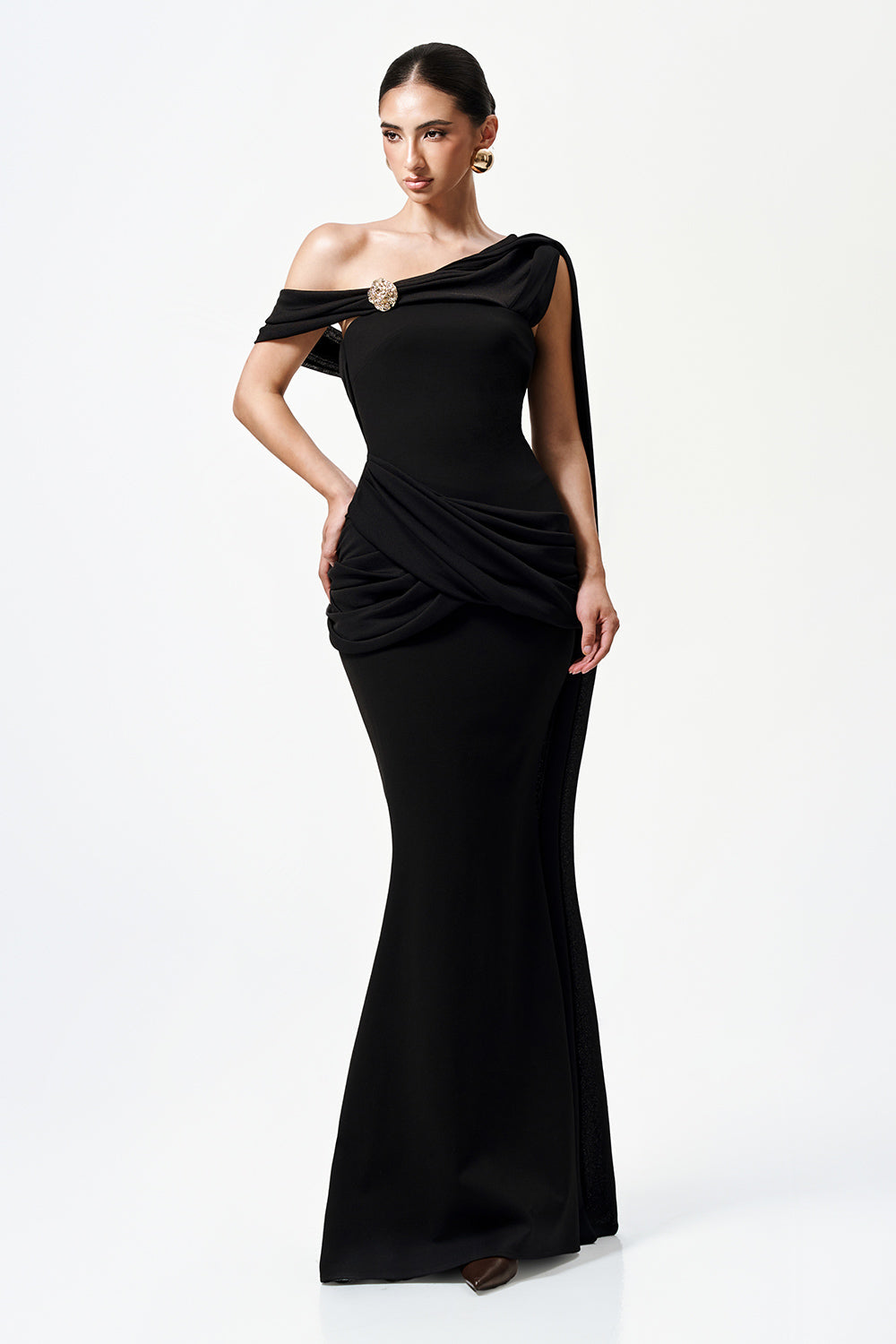 Mirer - Serapha Mermaid Asymmetric Neck Elastic Cotton Maxi Dress-0