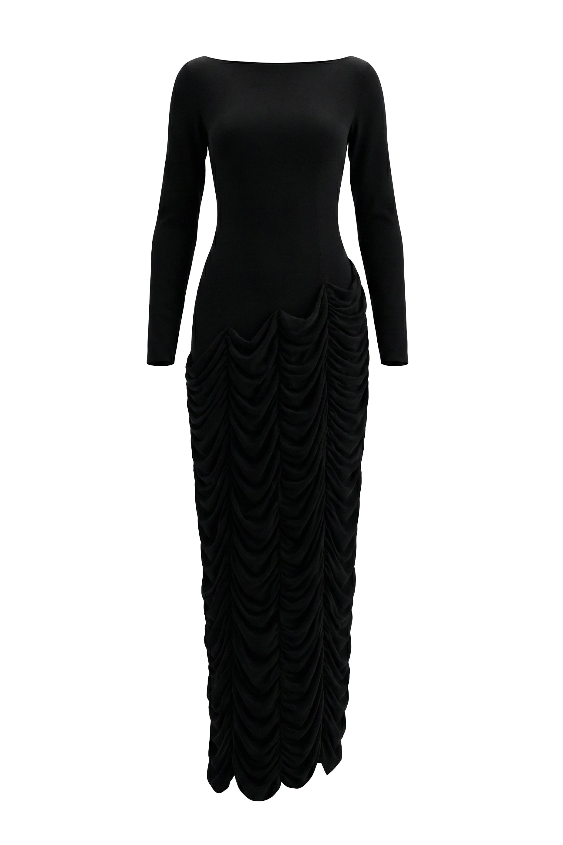 Mirer - Zera Boat Neck Gathering Maxi Dress-1