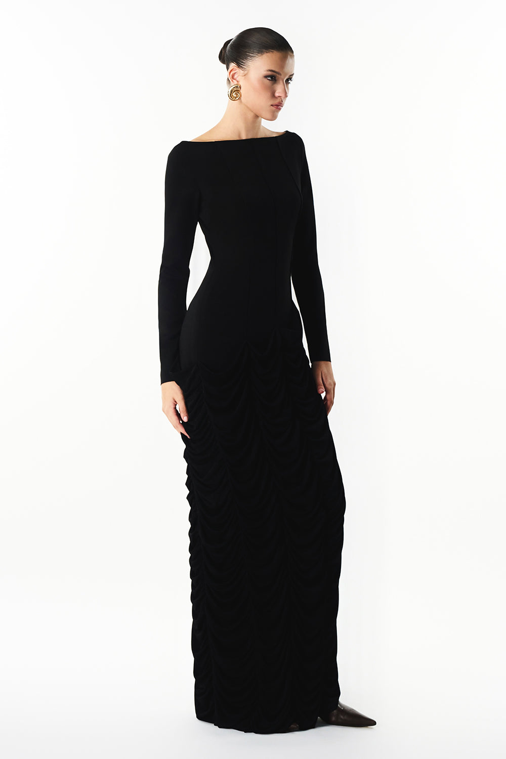 Mirer - Zera Boat Neck Gathering Maxi Dress-4