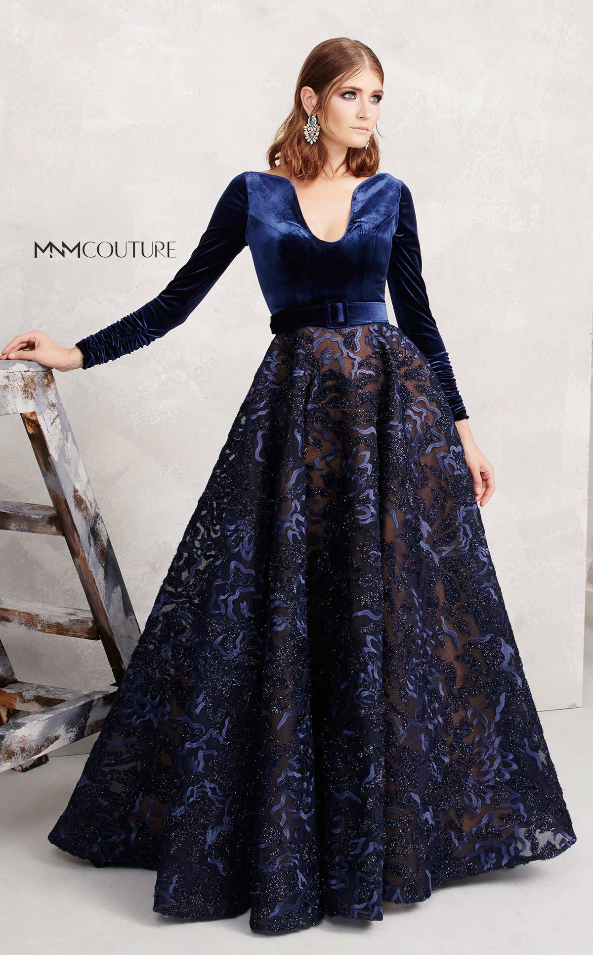 Long Sleeve Velvet Bodice Embroidered Gown N0263