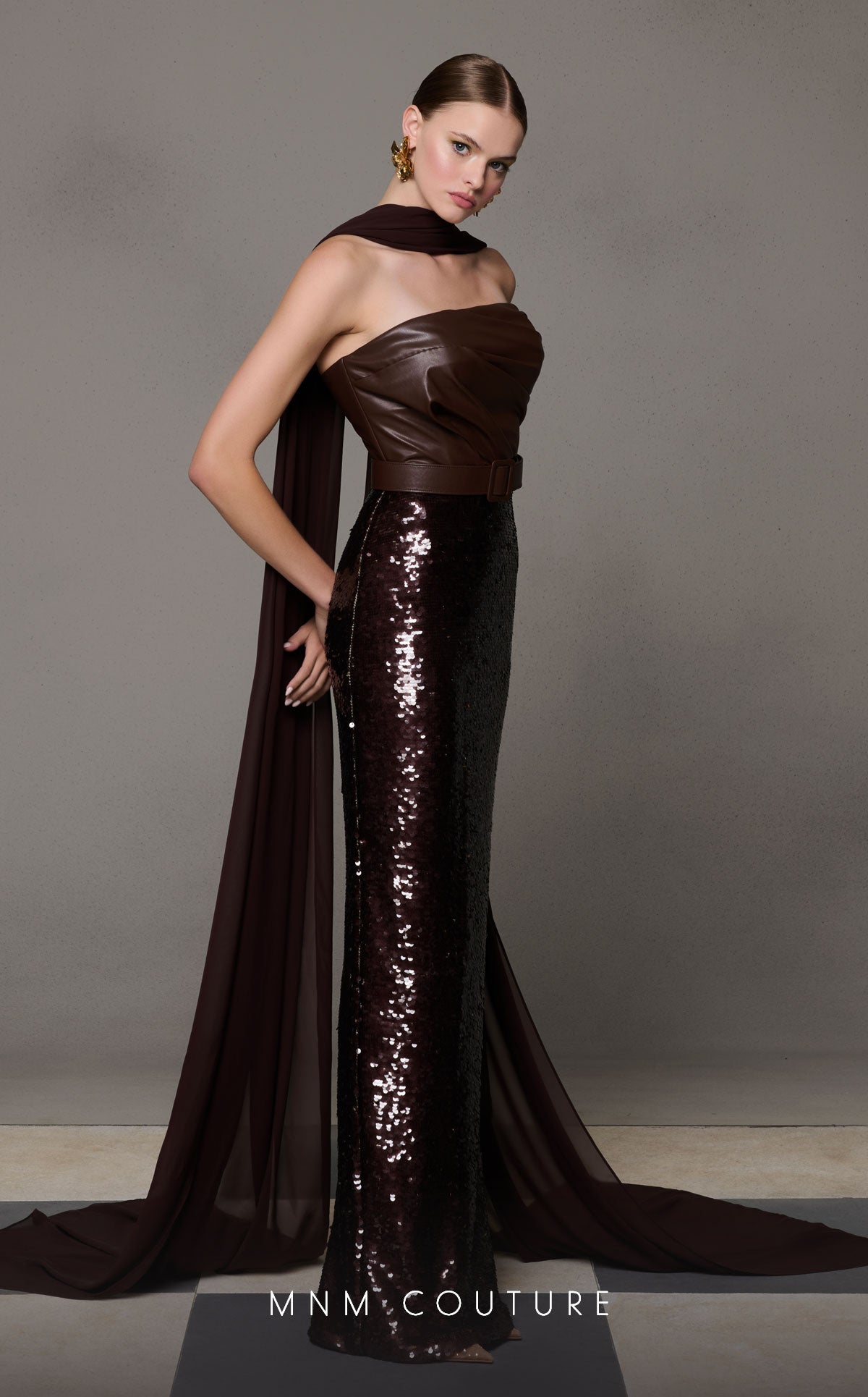 Brown Strapless Evening Gown N0629