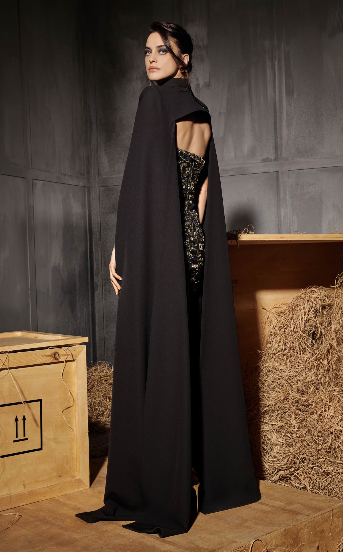 Style N0657 Black Embroidered Column with Dramatic Cape Appeal