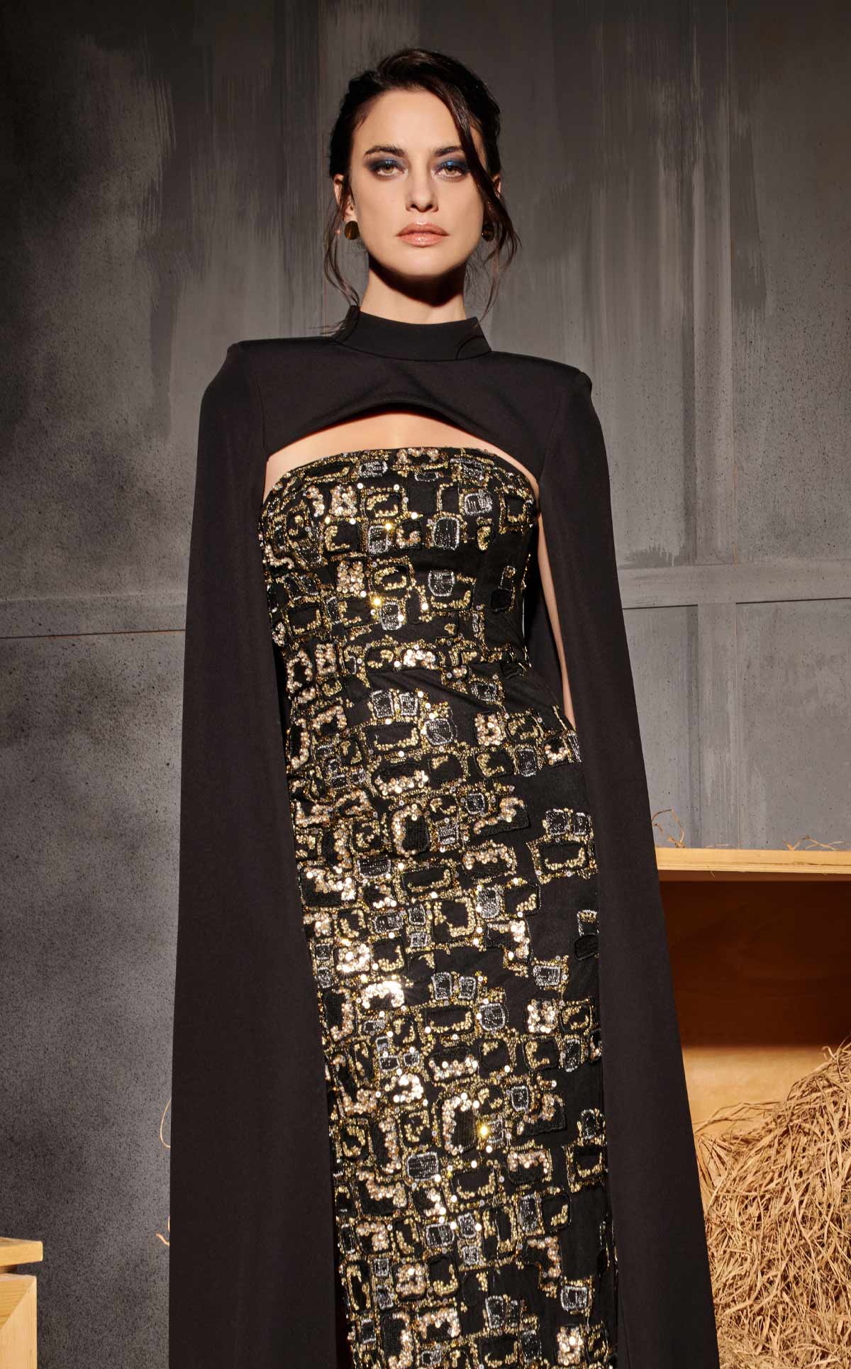 Style N0657 Black Embroidered Column with Dramatic Cape Appeal