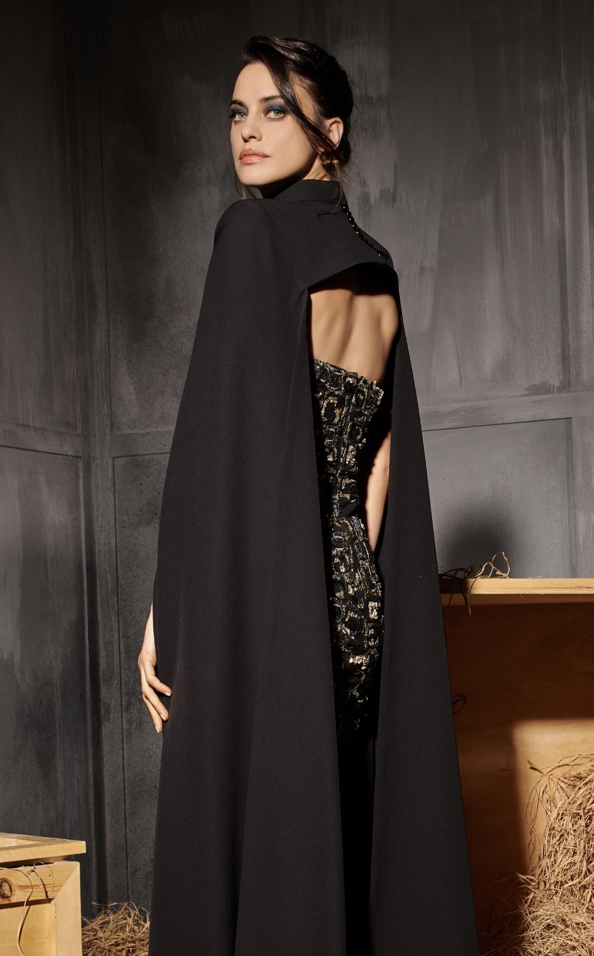 Style N0657 Black Embroidered Column with Dramatic Cape Appeal