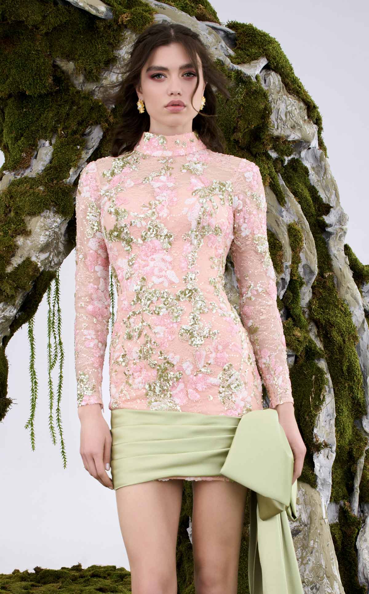 Embroidered Mini Dress with Dramatic Bow Train N0673