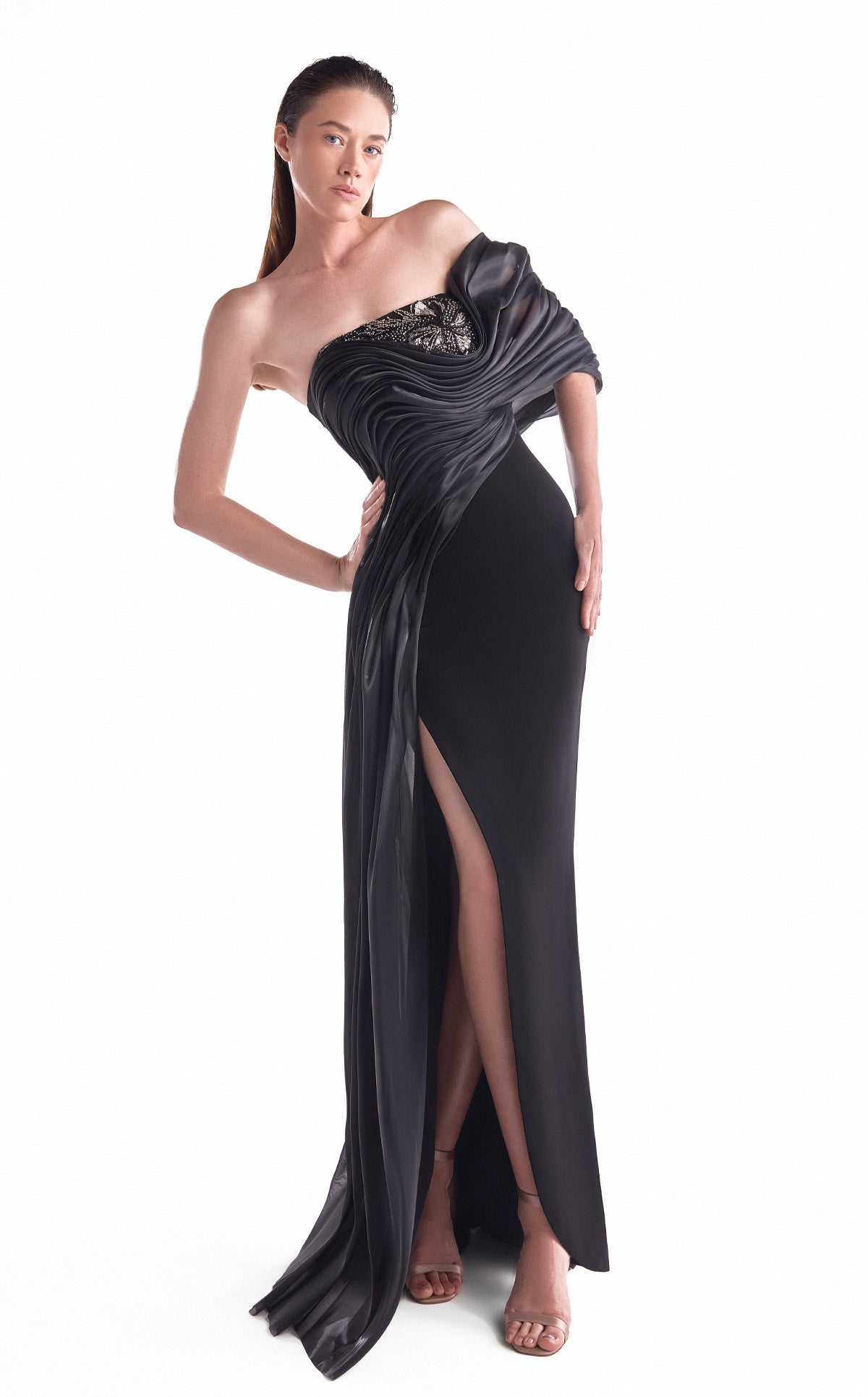 Nocturne Draped Off-Shoulder Gown G2111