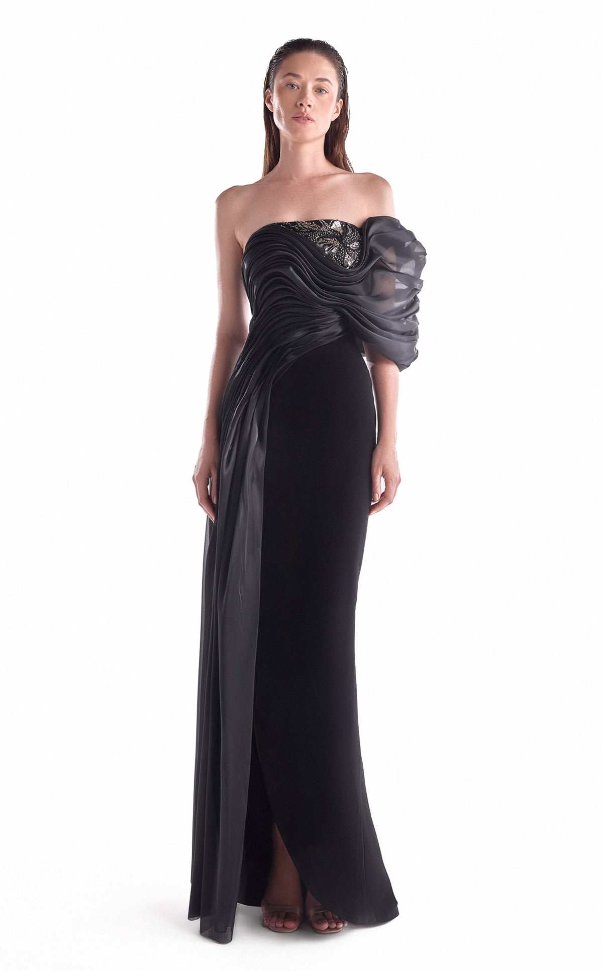 Nocturne Draped Off-Shoulder Gown G2111