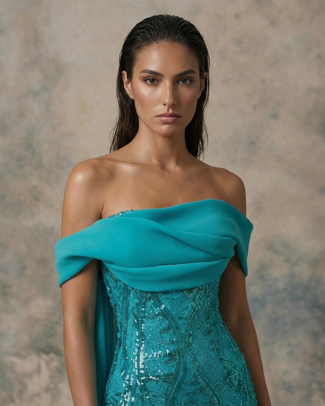 Nour Fathallah 744 – Turquoise Off-Shoulder Draped Sequin Evening Gown