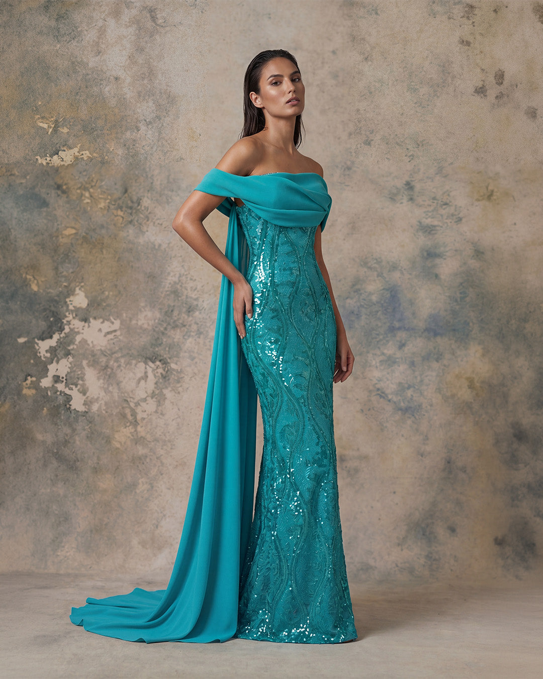 Nour Fathallah 744 – Turquoise Off-Shoulder Draped Sequin Evening Gown