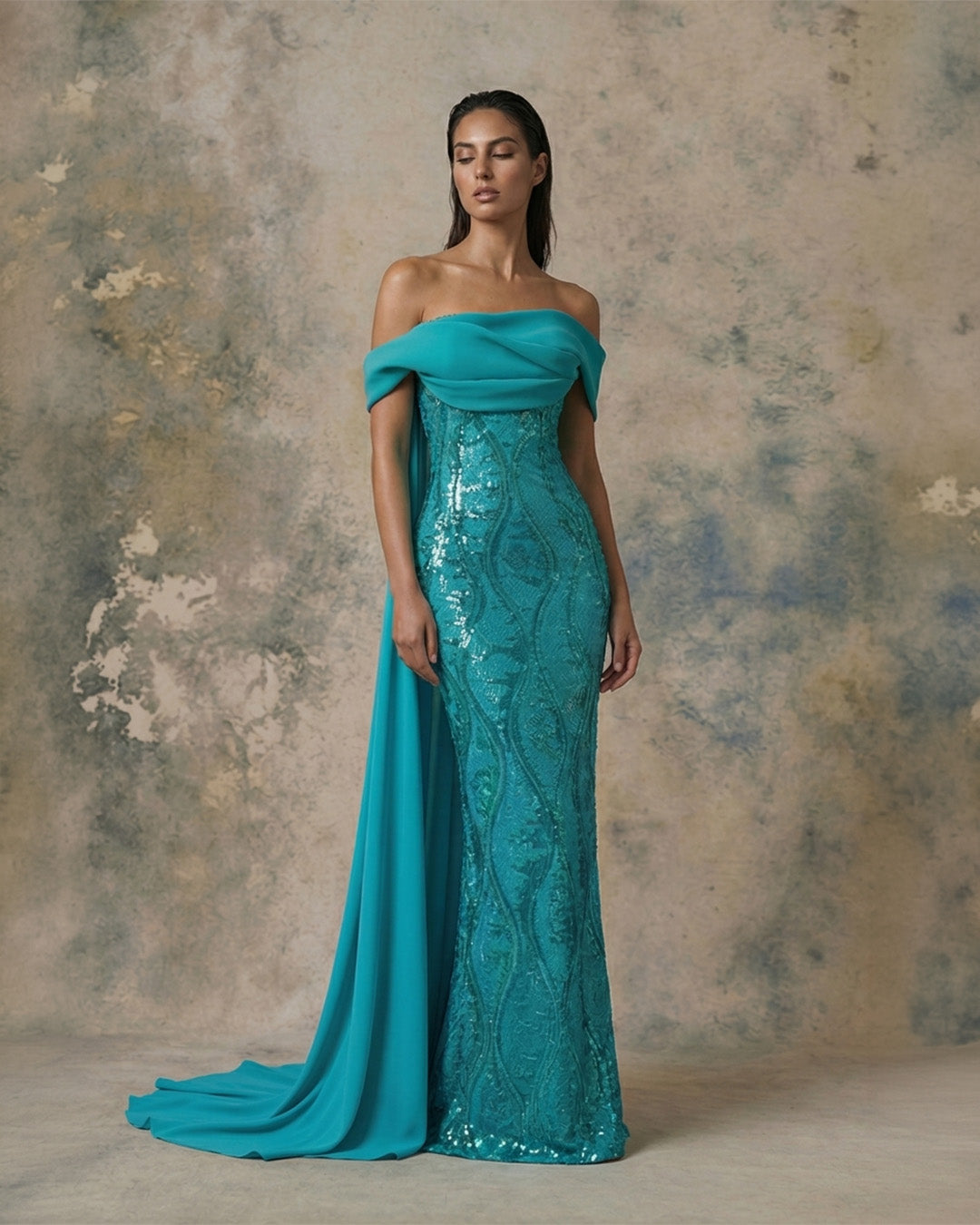 Nour Fathallah 744 – Turquoise Off-Shoulder Draped Sequin Evening Gown