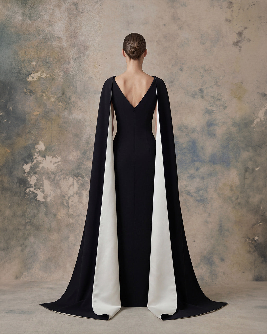 Nour Fathallah 746 – Black V-Neck Cape Satin Evening Gown