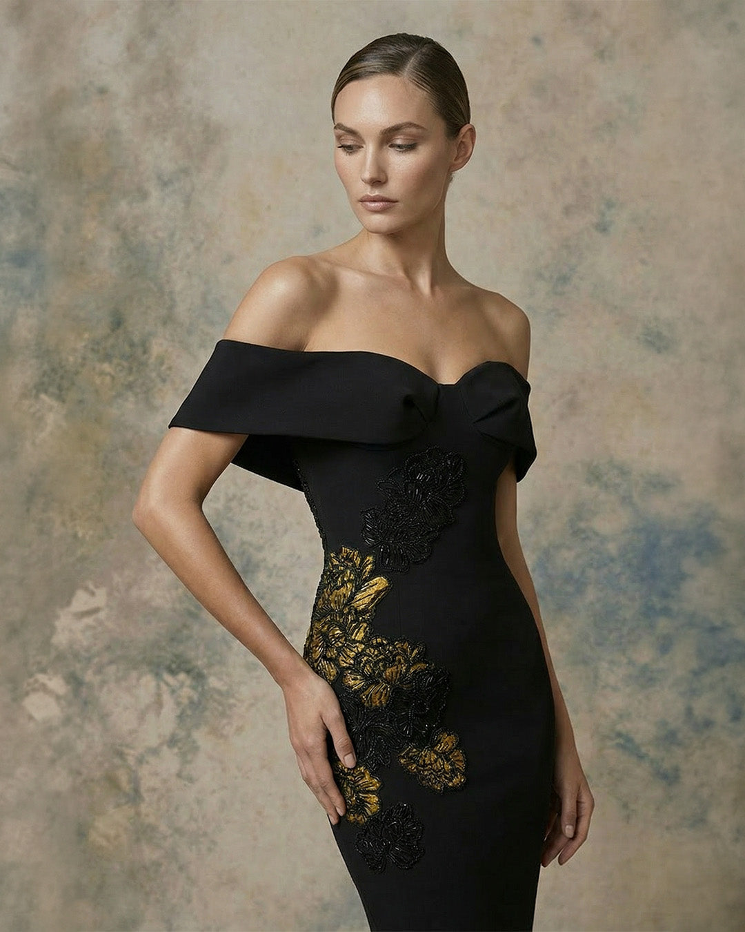 Nour Fathallah 747 – Black Off-Shoulder Embroidered Mermaid Evening Gown