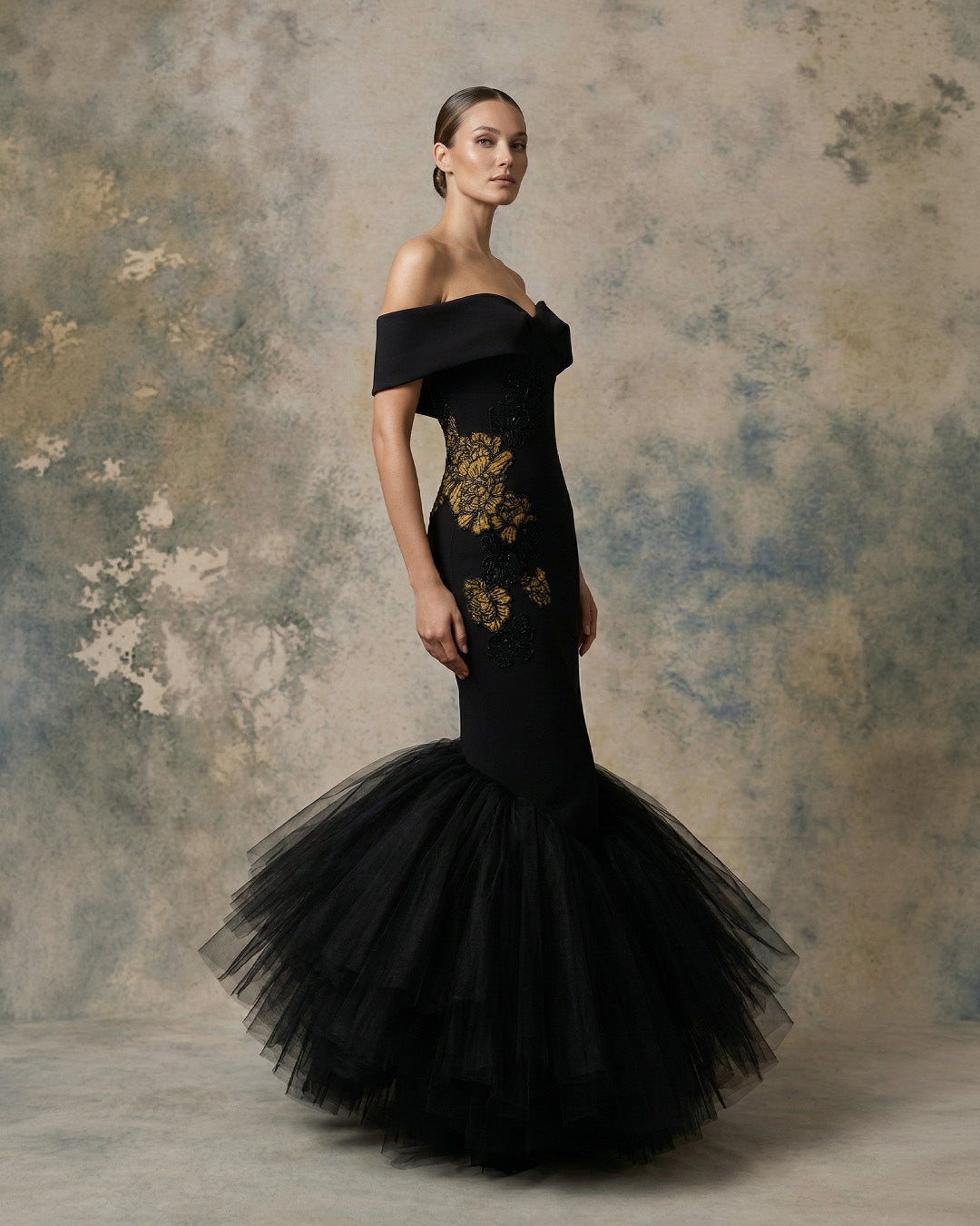 Nour Fathallah 747 – Black Off-Shoulder Embroidered Mermaid Evening Gown
